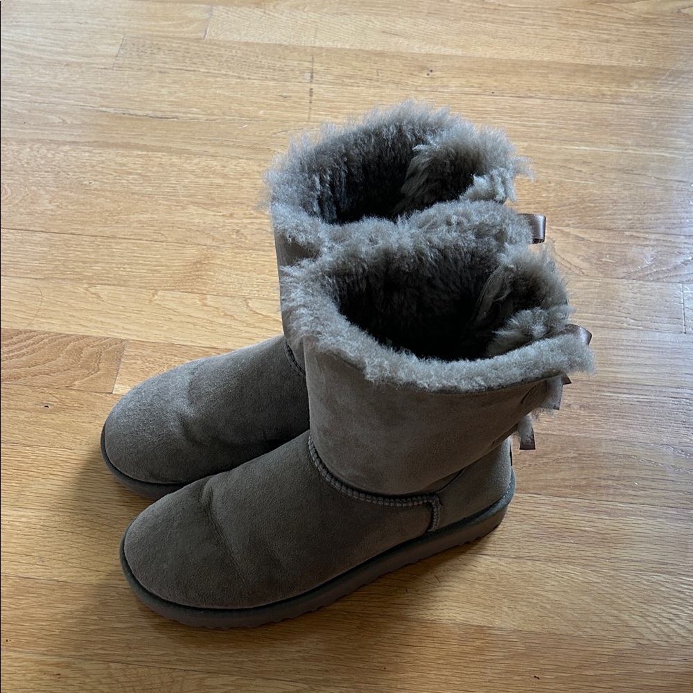 UGG Gray and Brown Fur Boots with Bows